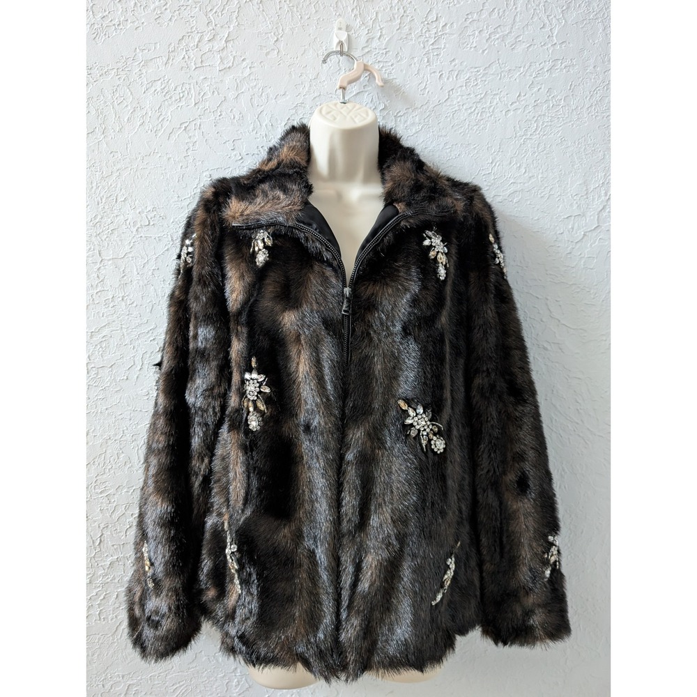 Zara Bejeweled Faux Fur Jacket Womens XS Brown Zip Up Coat Mob Wife